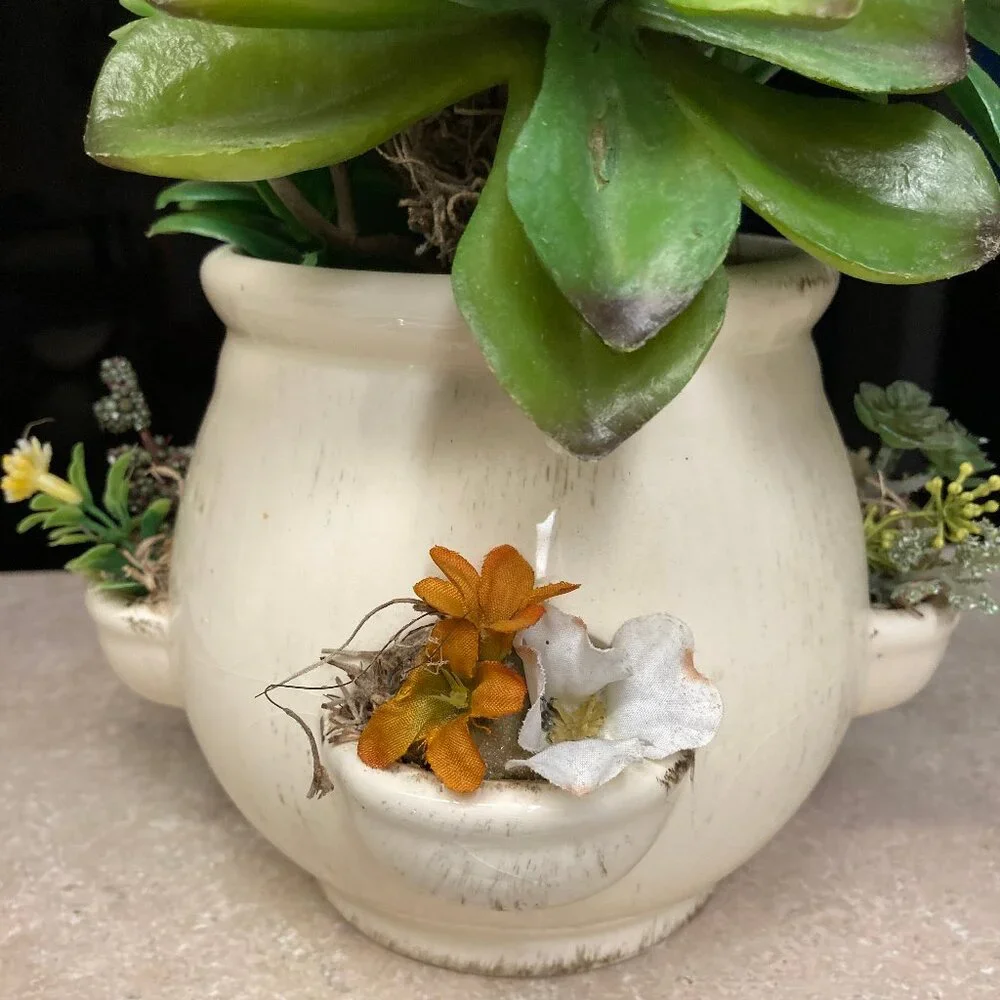 Cream Ceramic Pot wit Artificial Succulent Plants